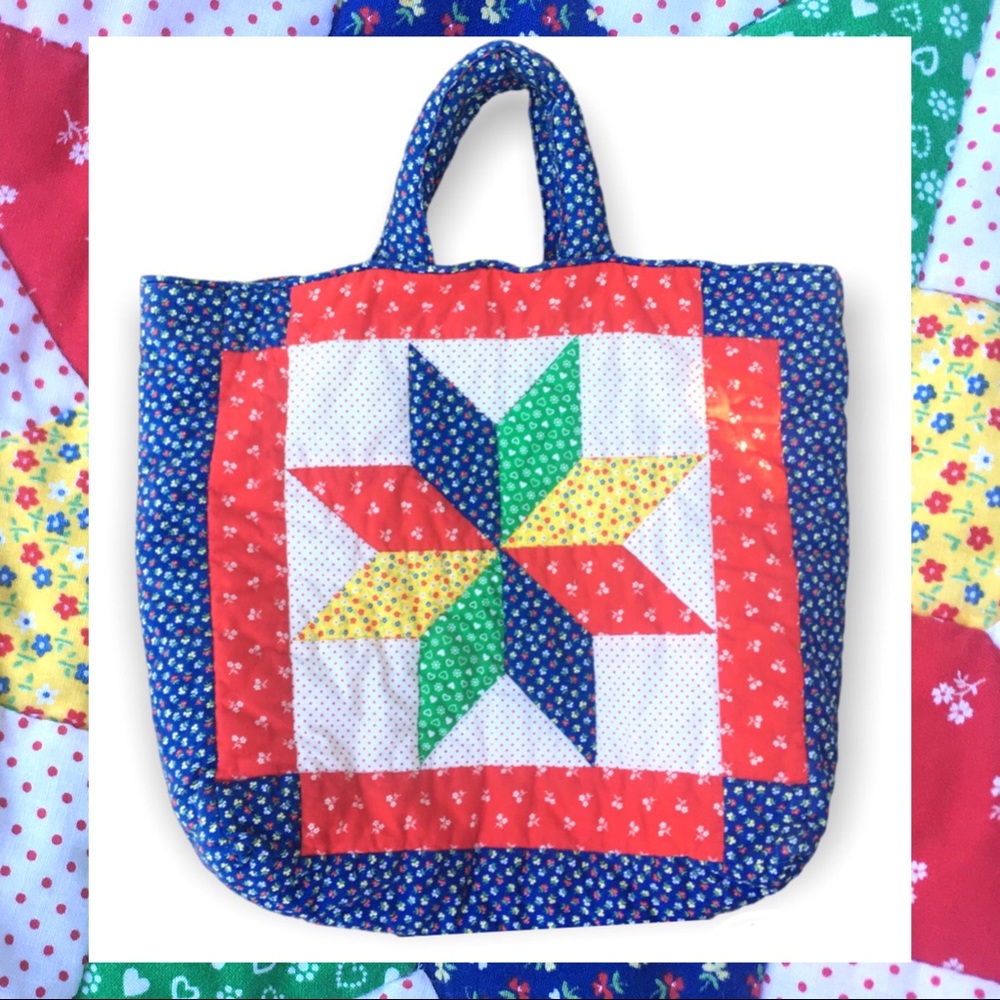 Vintage Handmade Star Quilt Square Quilted Calico Tote Handbag Red White Blue